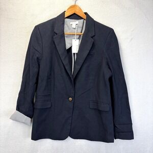 NWT Kenar Nautical Linen Blend Blazer Jacket Womens XL Navy Blue Preppy Office